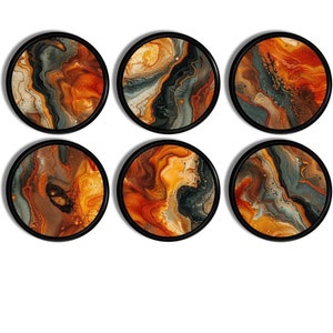 May include: Six round coasters with black frames and abstract swirling patterns in shades of brown, orange, and grey.