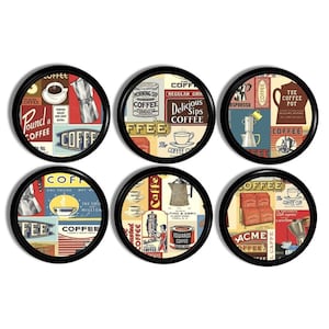 May include: A set of six circular coasters with black edges, each showcasing vintage coffee-themed designs. The coasters feature retro coffee adverts with text such as "Coffee," "Espresso," and "Delicious Sips Coffee."