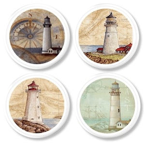 May include: Set of four round coasters featuring lighthouse designs. Each coaster showcases a different lighthouse illustration against a vintage map background. The lighthouses have white towers and red or black tops, with a compass rose or sailboat.