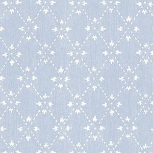 Small Trellis Stencil on Soft Country Blue Wallpaper, Shabby Cottage Baby Nursery, Vintage Victorian Diamond Lattice – By The Yard AB27647