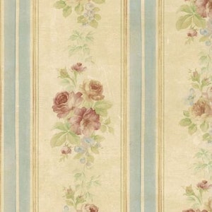 Shabby Vintage Victorian Floral Wallpaper, Antique Tea Stained Wall, Country Farmhouse Stripe, Pink Cottage Rose - 12"x9" Sample CN26573so