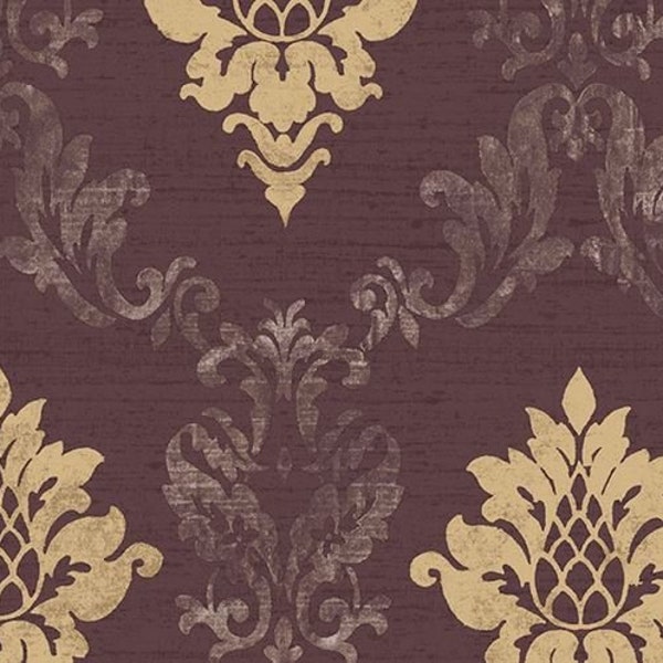 Damask Wallpaper - Modern Vintage Wall Decor, Lush Metallic Gold Floral Trellis Scroll, Burgundy Faux Fabric Texture -12x9" Sample IM36427so