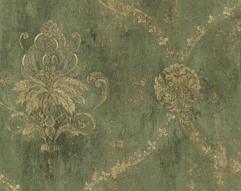 Verweerde groene harlekijn open damast behang - regal distressed gouden bloemenbloei, grootschalige vintage medaillon - 12x9 "sample CH22568so