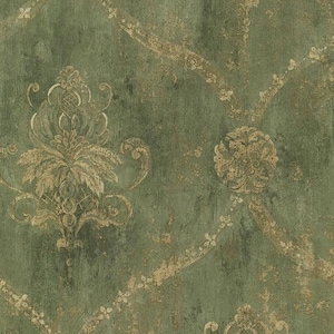 Weathered Green Harlequin Open Damask Wallpaper - Regal Distressed Gold Floral Bloom, Large Scale Vintage Medallion - 12x9" Sample CH22568so