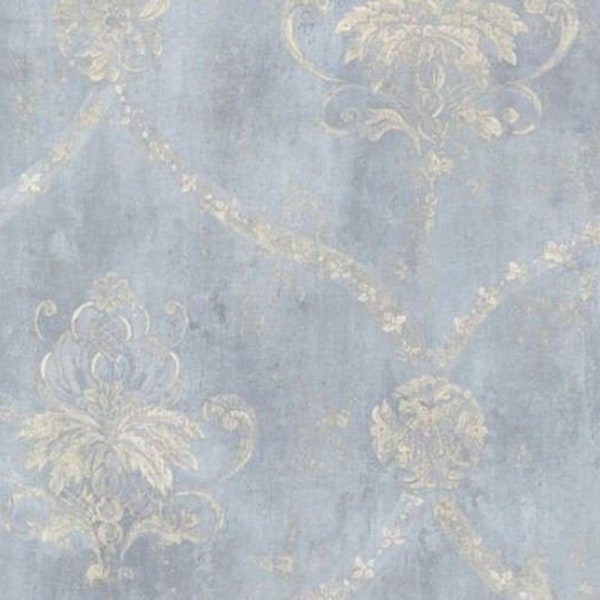 Distressed Floral Damask Wallpaper, Handpainted Garland Swag, Weathered Antique Trellis, Blue Victorian Cottage - Sold By The Yard CH22567so