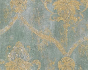 Weathered Harlequin Damask Wallpaper – Faded Old Vintage Wall, Distressed Victorian Swag, Handpainted Floral Trellis -12x9" Sample CS27331so