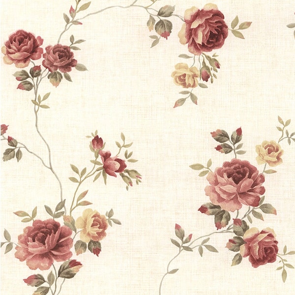 Autumn Vineyard Roses Wallpaper, Shabby Trailing Floral, Romantic Farmhouse Cottage, Antique Victorian Old Linen Look -By The Yard CN26564so