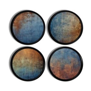May include: Set of four round coasters with a distressed, textured design. Each coaster features a black border and a blend of blue, brown, and orange hues, creating a rustic, artistic look. Ideal for protecting surfaces from drink rings.