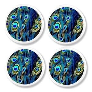 May include: A set of four circular coasters featuring a vibrant peacock feather pattern. Each coaster has a white border and displays a detailed print of iridescent blue, green, and gold plumage with distinct eye-shaped markings across the surface.