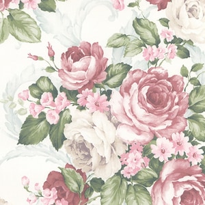 Large Pink Cabbage Roses Garden Floral Wallpaper - Shabby Chic Country Cottage Bathroom, Victorian Rose Girl Nursery - By The Yard CH22531so