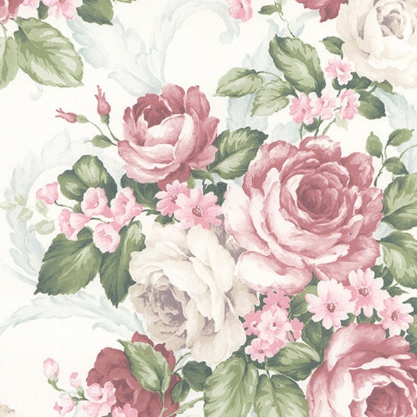 Large Pink Cabbage Roses Garden Floral Wallpaper - Shabby Chic Country Cottage Bathroom, Victorian Rose Girl Nursery - By The Yard CH22531so