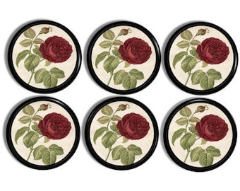 Antique Red Rose Floral Cabinet Knobs • Shabby Country Cottage • Romantic Dresser Drawer Pull • Vintage French Cottagecore • HW4 x.