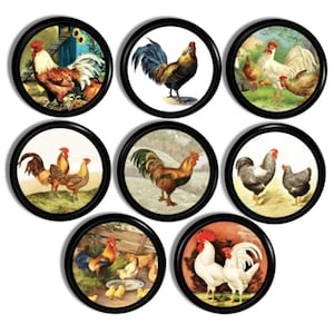 May include: Set of eight round coasters featuring vintage illustrations of roosters and hens. Each coaster has a black frame and a colorful image of chickens on a white background.