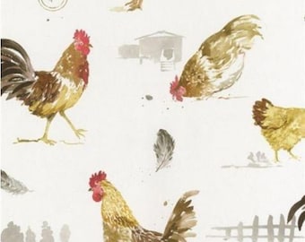 Rustic Country Roosters Wallpaper - Old Country Farm Gallina, Acquerello Barn Yard Chicken, Farmhouse Animal Kitchen - 12x9" Sample FK34433so