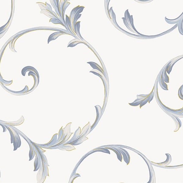 Navy Acanthus Leaf Scroll Wallpaper, Old World Tuscan Dining Room Floral, Blue White French Victorian Kitchen Wall – By The Yard IM36415so