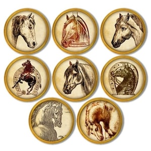 Könnte beinhalten: Sieben kreisförmige Bilder mit goldenen Rändern, die jeweils eine detaillierte Illustration von Pferden zeigen. Die Bilder zeigen verschiedene Pferdeposen und Nahaufnahmen, mit einer Vielzahl von Farben und künstlerischen Stilen.