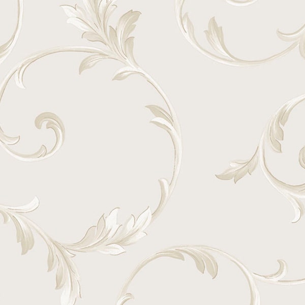 Leaf Scrollwork Wallpaper, Taupe Old World Tuscan Kitchen, Metallic Floral Scroll, Neutral Botanical Laundry Room - By The Yard IM36417so