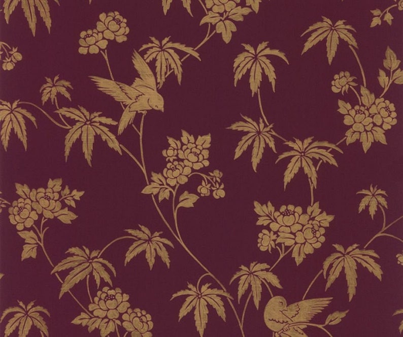 Dark Burgundy Plum Botanical Wallpaper Gold Tree Leaves | Etsy
