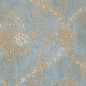 Dusty Aqua Blue Harlequin Damask Wallpaper, Regal Handpainted Floral, Vintage Gold Medallion, 18th Century Victorian -12x9" Sample CH28248so