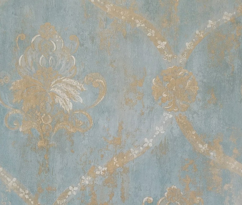 Dusty Aqua Blue Harlequin Damask Wallpaper, Regal Handpainted Floral, Vintage Gold Medallion, 18th Century Victorian 12x9 Sample CH28248so image 1