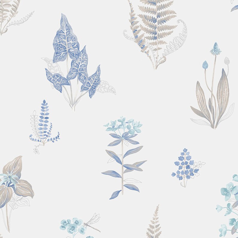 Botanical Floral Wallpaper Modern Organic Kitchen Wall Blue Etsy