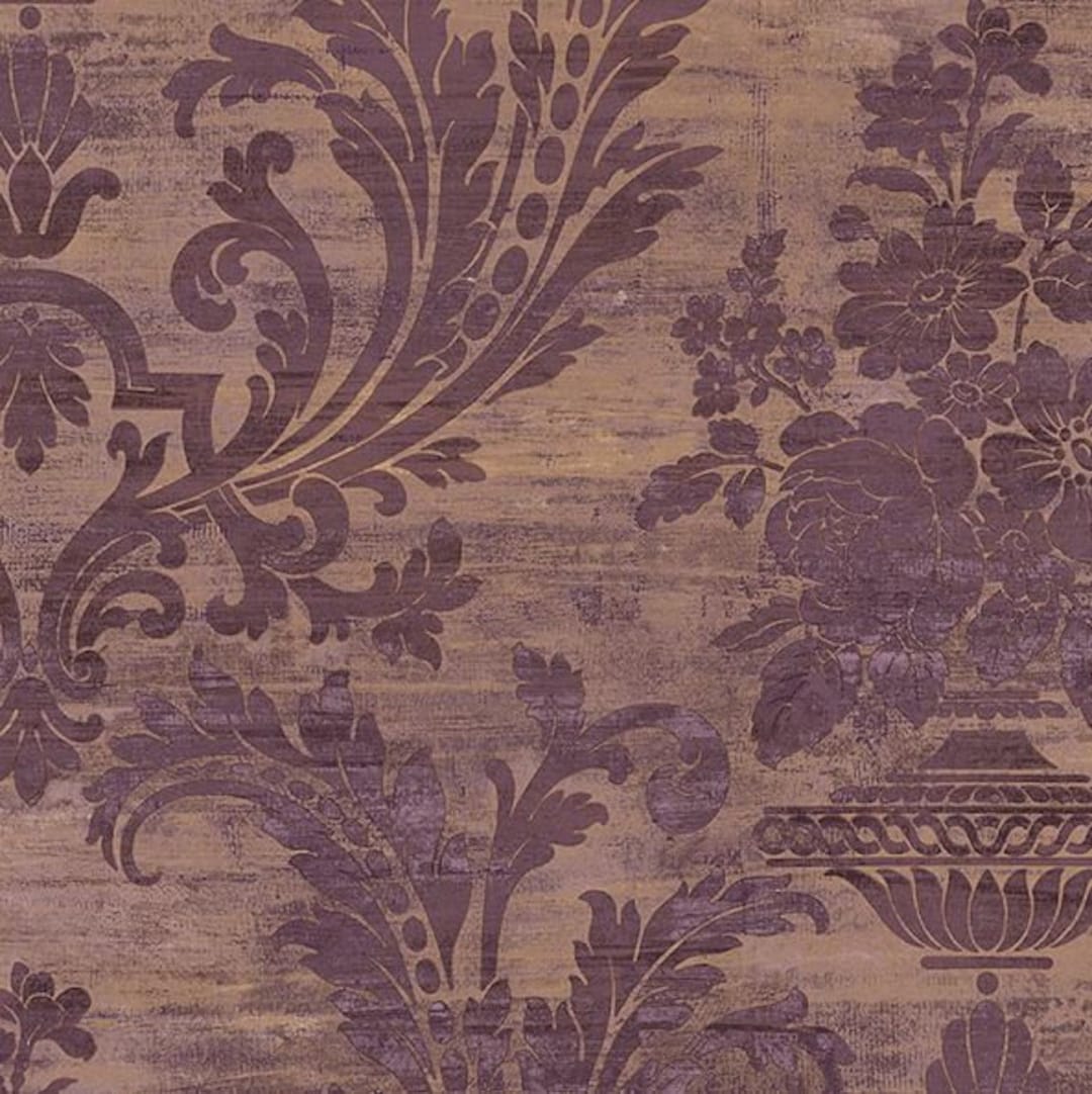 Verblasste Distressed Vintage Lila Damast-Tapete, Kupfer-Gold-Blumen-Urne,  Edwardianischer Steampunk, viktorianische Grunge-Wand - lose Ware CS35602so  ..., image size:1080x1082