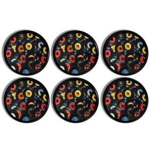 May include: Six round coasters with a black border. Each coaster features a colorful collage of vintage vinyl records. The records display a variety of colors, including red, yellow, blue, and orange, creating a retro aesthetic.