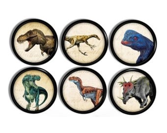 Vintage Dinosaur Cabinet Knobs • Illustrated Prehistoric Drawer Pulls • Aged Fossil Art Style • Kids Room Accent • Set of 6 • 816D1 x.