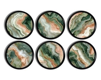 Sage Green Geode Art Cabinet Knobs – Abstract Mineral Swirl Drawer Pulls, Peach & White Stone Look, Earthy Boho Décor, Set of 4 or 6 226B1 .