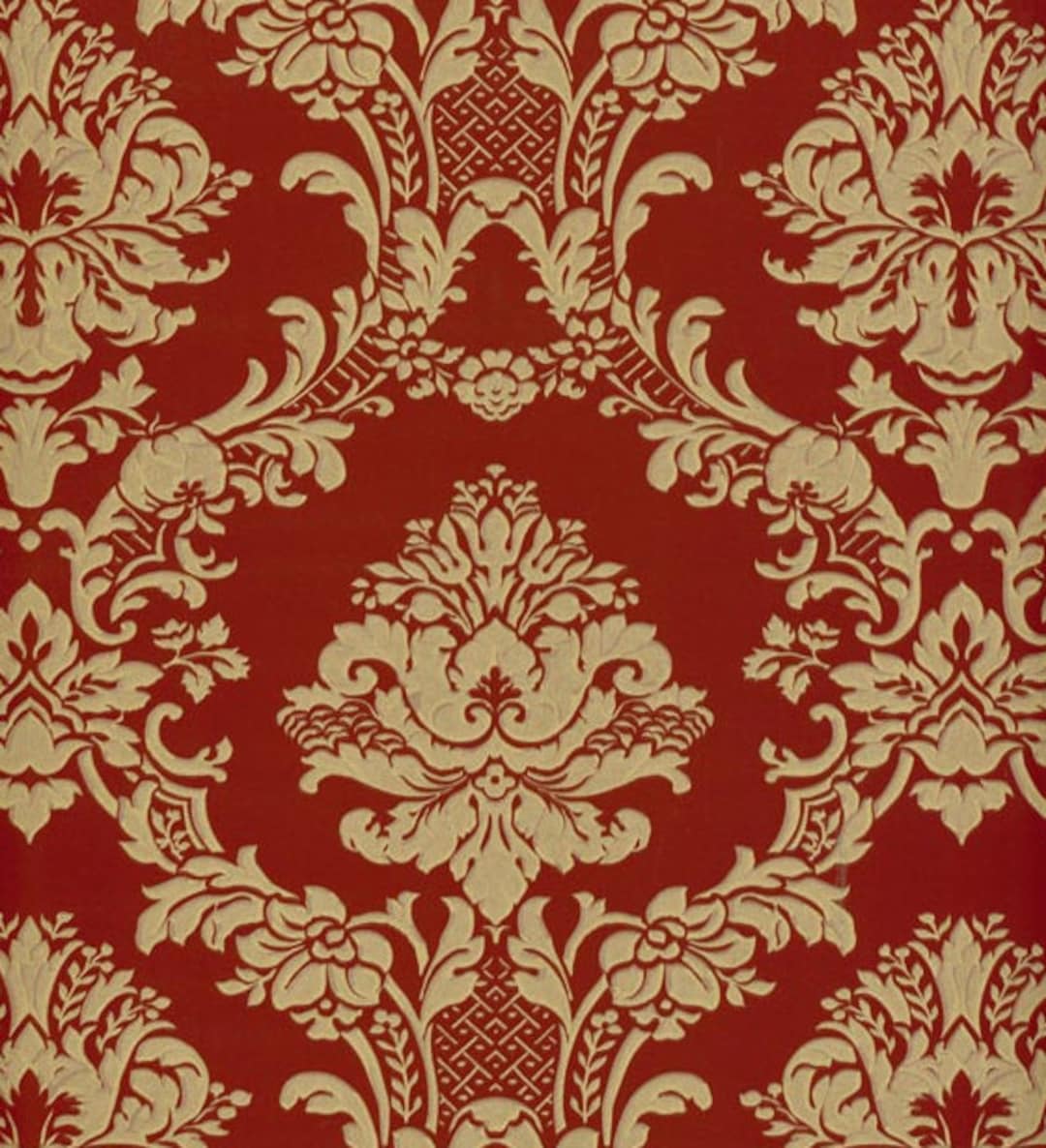 Dramatic Gold Damask on Red Wallpaper, Elegant, Ornate Floral Trellis