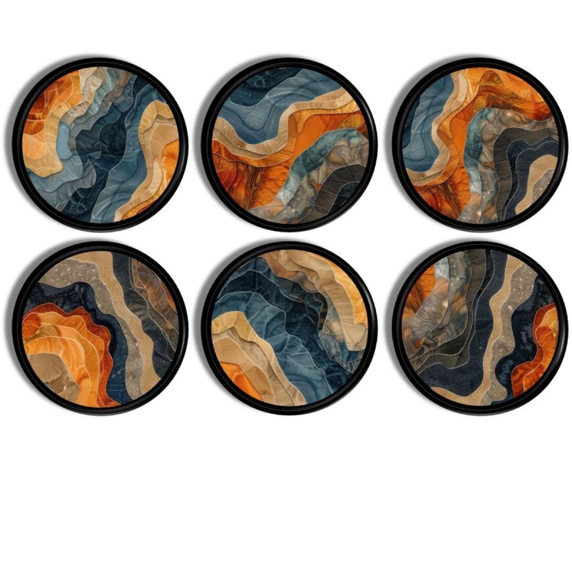 Colorful Abstract Cabinet Knobs, Artsy Furniture Drawer Pulls, Blue Orange Tan Wave, Contemporary Visual Texture Handle 624A3