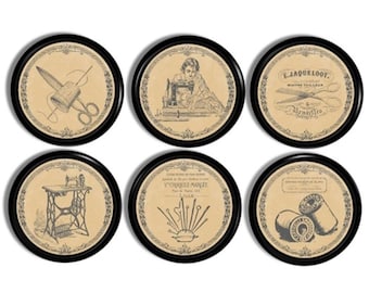 Vintage Seamstress Advertisement Cabinet Knobs, Antique Sewing Machine Drawer Pulls, Craft Room Cupboard Door Handles 815N10 .