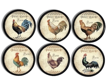 Country Barn Yard Chicken Drawer Pull, Set of 6 Knobs, Rustic Vintage French Cottage, Farmhouse Rooster Kitchen Cupboard Handle 317H37 #1 .