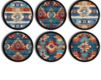 Perillas de gabinete con diseño azteca - Turquesa, naranja y azul marino / Tiradores decorativos bohemios / Decoración colorida del suroeste navajo - 325A20