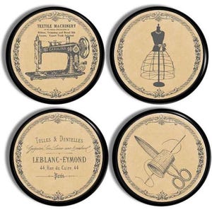 May include: Set of four black framed round wall decor pieces with vintage sewing-themed illustrations. The illustrations include a sewing machine, a dress form, a thimble and needle, and a sign that reads "TULLES & DENTELLES LEBLANC-EYMOND 44. Rue du Caire, 44 Paris".