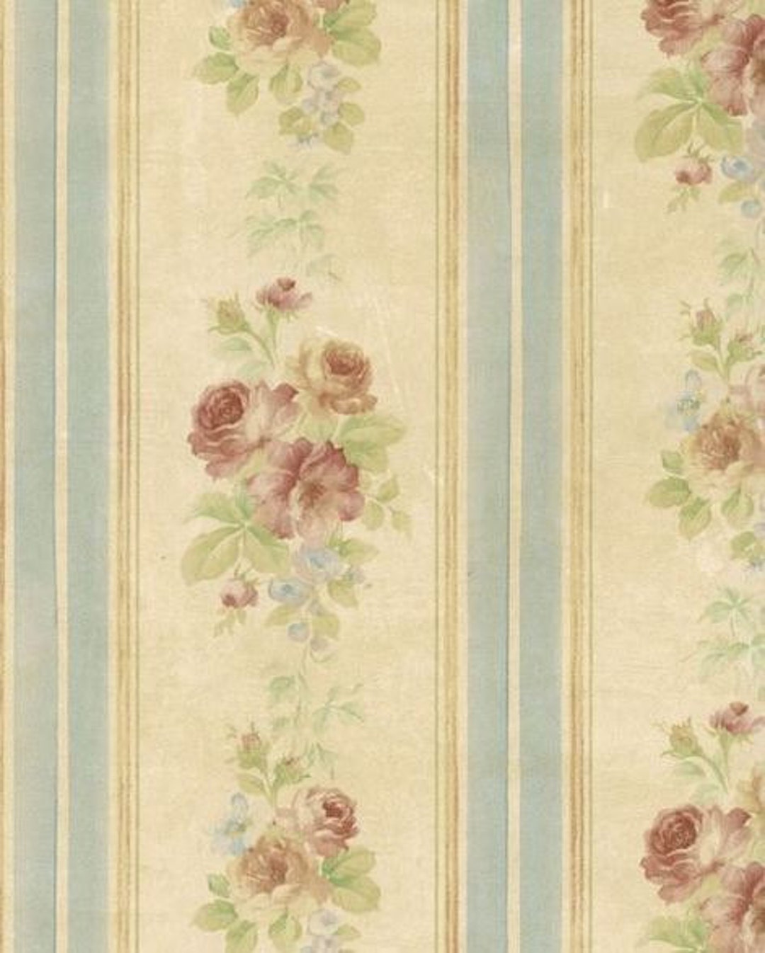 Antiqued Victorian Rose Floral Stripe Wallpaper – Vintage