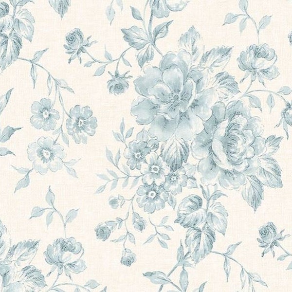 Pale Blue Floral Wallpaper, Distressed Vintage Chic Toile on Off White, Shabby Cottage Country Flower - By The Yard - CG28819 R1