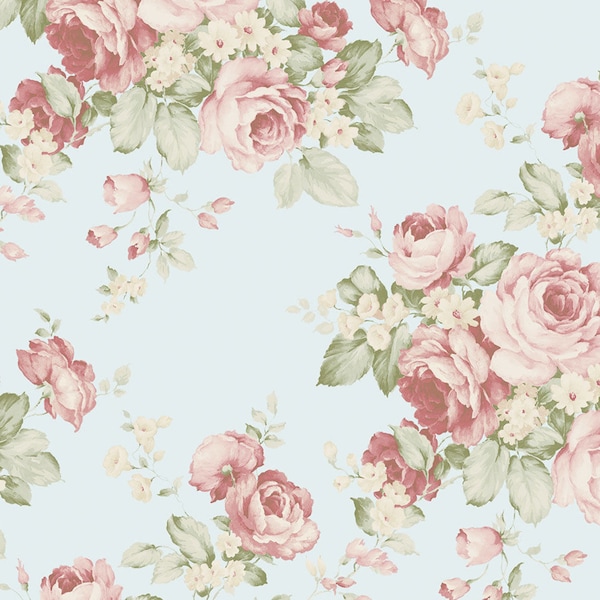 Light Blue Shabby Cottage Chic Wallpaper - Faded Cabbage Rose Bouquet, Vintage Country Garden, Distressed Pink Floral -By The Yard AB27615so