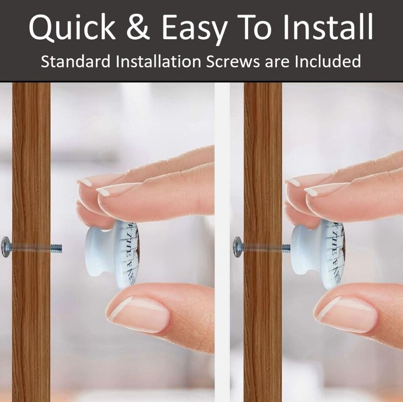 May include: A white cabinet knob with a circular face and a metal installation screw. The text Quick & Easy To Install and Standard Installation Screws are Included appears at the top. The knob is shown being aligned with a wooden surface.