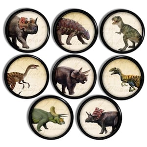 Könnte beinhalten: Satz mit acht runden Untersetzern mit verschiedenen Dinosaurier-Illustrationen. Jeder Untersetzer hat einen schwarzen Rahmen und einen cremefarbenen Hintergrund mit Vintage-Text. Die Dinosaurier sind in einem realistischen Stil mit leuchtenden Farben dargestellt.