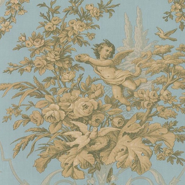 Traditional Victorian Cherub Toile Robins Egg Blue Wallpaper - Regal Gold Gray Floral Scroll, Vintage Country French 12"x9" Sample CH28309so