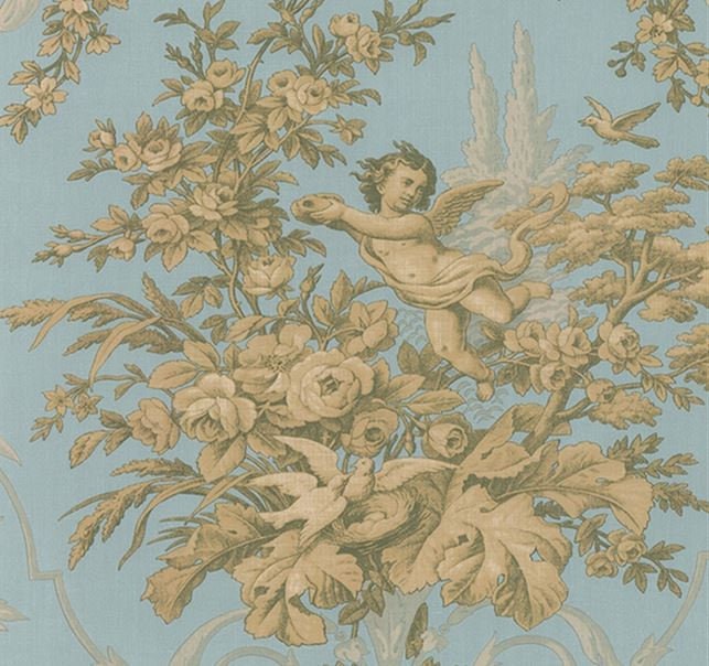Traditional Victorian Cherub Toile Robins Egg Blue Wallpaper - Regal Gold Gray Floral Scroll, Vintage Country French 12"x9" Sample CH28309so