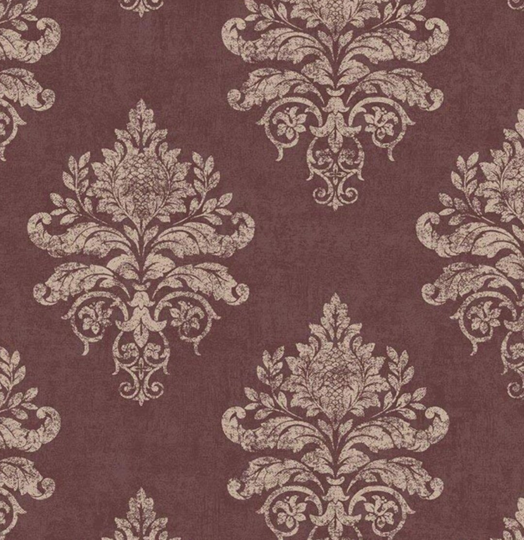 Dark Burgundy Red Modern Damask Wallpaper Dramatic Dining Etsy