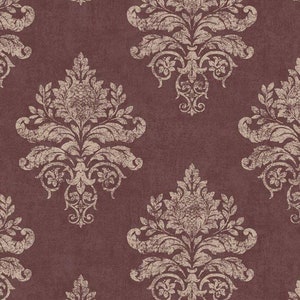 Dark Burgundy Red Modern Damask Wallpaper – Dramatic Dining Room Statement Wall, Contemporary Bohemian Bedroom Décor – 12x9" Sample G34158