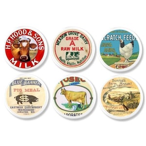 May include: Six vintage-style round labels featuring farm-related imagery. The labels feature cows, pigs, chickens, and text such as "H.P. Hood & Sons Milk", "Meadow Grove Dairy Grade A Raw Milk", "Blue Banner Pig Meal", "Osel Brand Evaporated", "Scratch Feeds", and "Burpees Farm Annual".