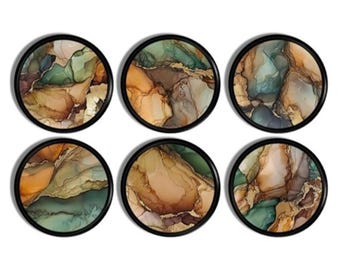 Earthy Mineral Print Boho Cabinet Knobs • Swirled Agate Fluid Art Drawer Pulls • Green Rust Layered Stone Pattern Hardware 226A1 .