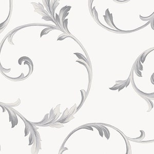 Gray & Silver Scrolling Acanthus Leaf on White Wallpaper, Old World Decor, Soft Metallic Accent, Solid Vinyl - Sold By The Yard IM36416so