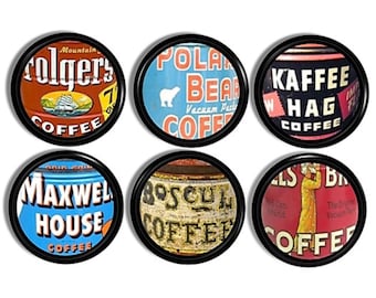 Antique Coffee Can Print Drawer Pulls, Vintage Kitchen Beverage Station Nook, Old Rustic Country Cabinet Knob Handle 816B40 #1 R2.