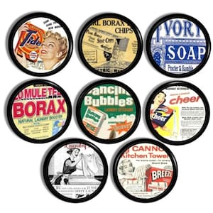 Vintage Laundry Ad Cabinet Knobs, Retro Soap Label Drawer Pulls, Unique Nostalgic Décor Accent, Handmade Decorative Handle Hardware 119C1 .