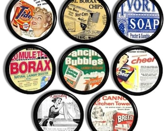 Vintage Laundry Ad Cabinet Knobs, Retro Soap Label Drawer Pulls, Unique Nostalgic Décor Accent, Handmade Decorative Handle Hardware 119C1 .